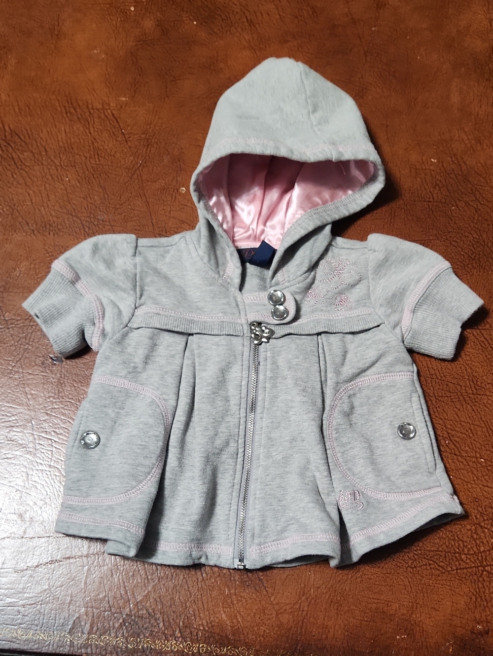 Infant Girl's Dereon Gray Hooded Zip Jacket with Pink Satin Lining